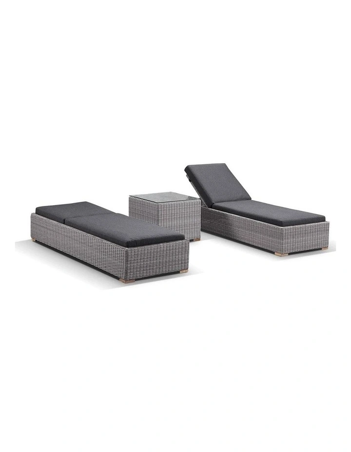 Breeze Outdoor Wicker Sun Lounge Set Brushed Grey With Side Table in Half Round & Denim Cushions image 2