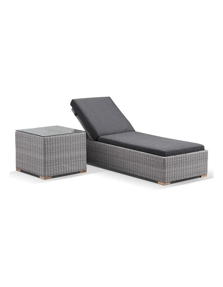 Breeze Outdoor Wicker Sun Lounge Set Brushed Grey With Side Table in Half Round & Denim Cushions image 4