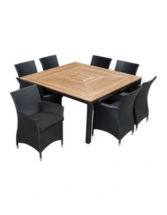 Sahara 8 Seater Square Teak Top Dining Table Charcoal With Chairs & Denim Grey Cushions