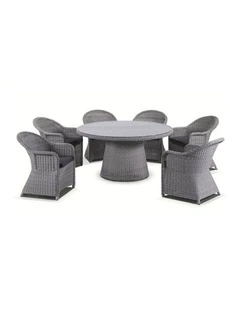 Plantation 6 Seater Outdoor Wicker Round Dining Table and Chairs Set Brushed Grey & Denim Cushions