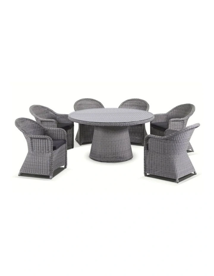 Plantation 6 Seater Outdoor Wicker Round Dining Table and Chairs Set Brushed Grey & Denim Cushions image 1