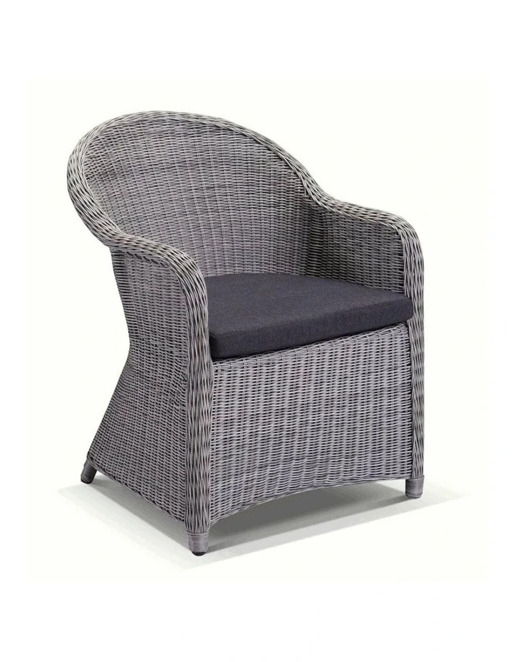 Plantation 6 Seater Outdoor Wicker Round Dining Table and Chairs Set Brushed Grey & Denim Cushions image 2