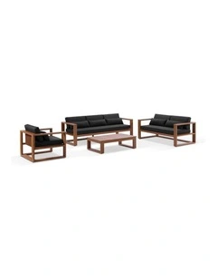 Santorini 3 2 1 Outdoor Lounge Setting Teak Look With Coffee Table & Denim Grey Cushions