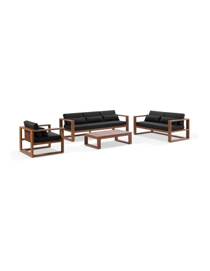 Santorini 3 2 1 Outdoor Lounge Setting Teak Look With Coffee Table & Denim Grey Cushions image 1