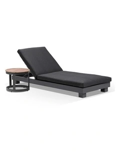 Santorini Aluminium Sun Lounge Charcoal With Round Side Table & Denim Grey Cushions