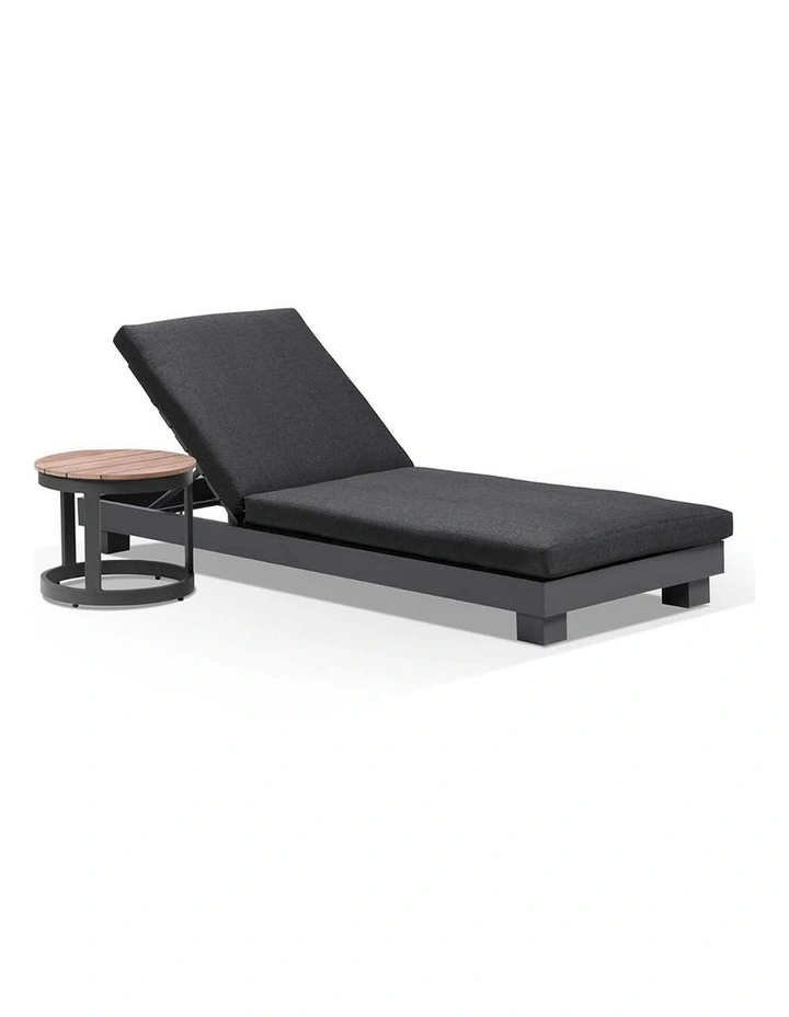 Santorini Aluminium Sun Lounge Charcoal With Round Side Table & Denim Grey Cushions image 1