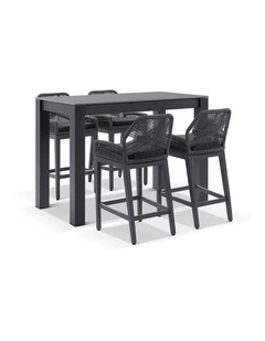 Hugo Ceramic 1.5m Aluminium Bar Table Charcoal With 4 Rope Stools & Carbon Grey/Denim Grey Cushions