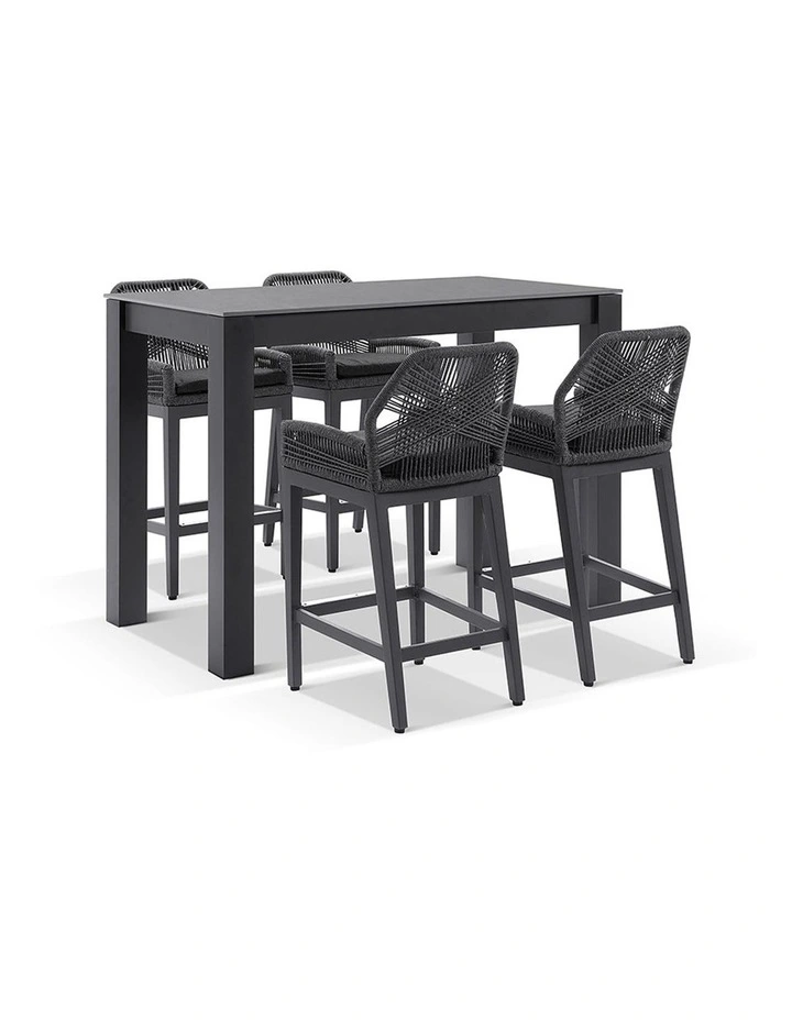 Hugo Ceramic 1.5m Aluminium Bar Table Charcoal With 4 Rope Stools & Carbon Grey/Denim Grey Cushions image 1