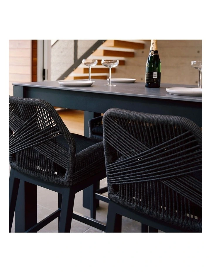 Hugo Ceramic 1.5m Aluminium Bar Table Charcoal With 4 Rope Stools & Carbon Grey/Denim Grey Cushions image 4