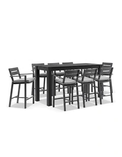 Santorini Outdoor Aluminium 2m Bar Table Charcoal With 8 Stools & Light Grey Cushions