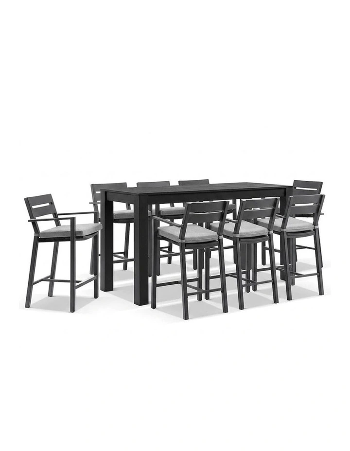 Santorini Outdoor Aluminium 2m Bar Table Charcoal With 8 Stools & Light Grey Cushions image 1