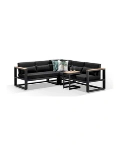 Balmoral Outdoor Aluminium & Teak Lounge Charcoal With Side Table Denim Grey Cushions