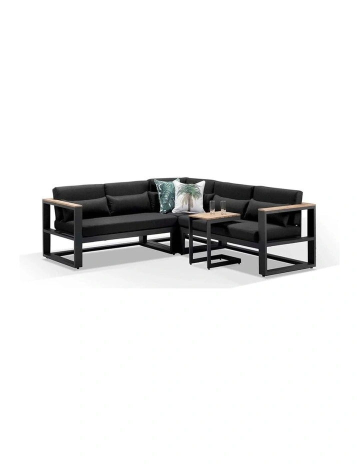 Balmoral Outdoor Aluminium & Teak Lounge Charcoal With Side Table Denim Grey Cushions image 1