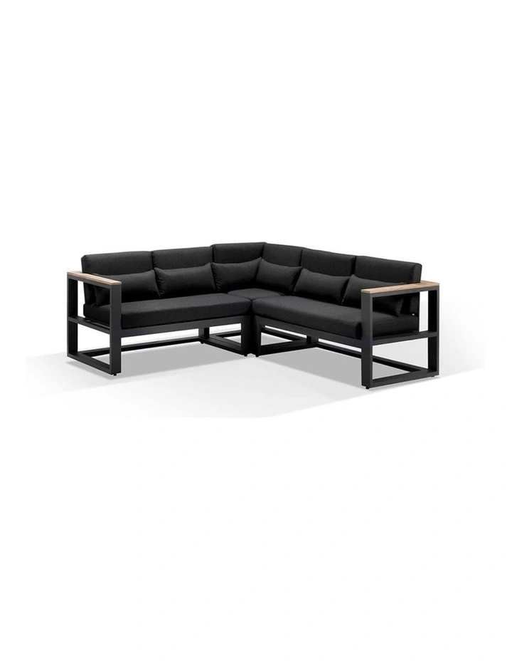 Balmoral Outdoor Aluminium & Teak Lounge Charcoal With Side Table Denim Grey Cushions image 2