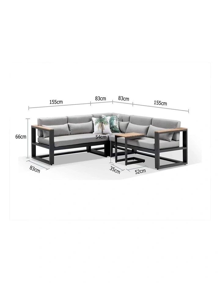 Balmoral Outdoor Aluminium & Teak Lounge Charcoal With Side Table Denim Grey Cushions image 4