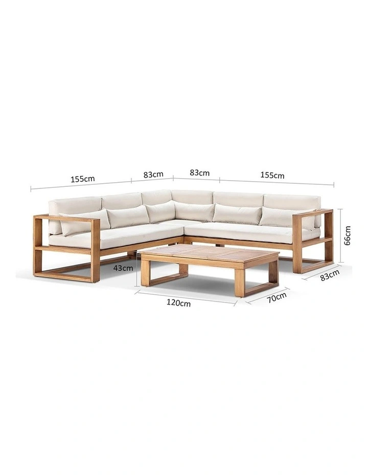 Santorini Package A Outdoor Aluminium Corner Lounge Teak Look & Cream Cushions image 4
