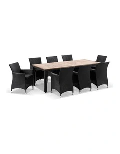 Sahara 8 Seater Rectangle Teak Top Dining Table Charcoal With Chairs & Denim Grey Cushions