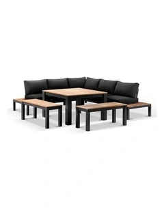 Nova Outdoor Aluminium Lounge and Dining Setting Charcoal & Denim Grey Cushions