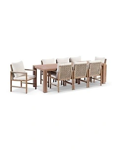 Entertainer 2.45cm Outdoor Aluminium Dining Table Mahogany With 8 Avery Rope Chairs & Bone Cushions