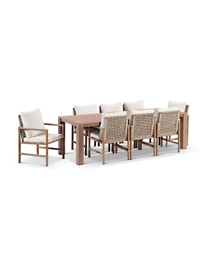 Entertainer 2.45cm Outdoor Aluminium Dining Table Mahogany With 8 Avery Rope Chairs & Bone Cushions image 1
