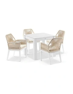 Hugo Outdoor 4 Seater Square Ceramic Top Dining Table White With Chairs & Cream Rope Cushions