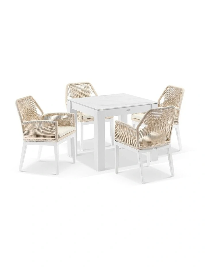 Hugo Outdoor 4 Seater Square Ceramic Top Dining Table White With Chairs & Cream Rope Cushions image 1