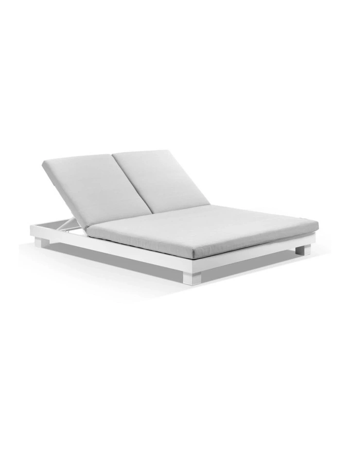 Santorini Aluminium Double Sun Lounge White With Round Side Table & Textured Olefin Grey Cushions image 2