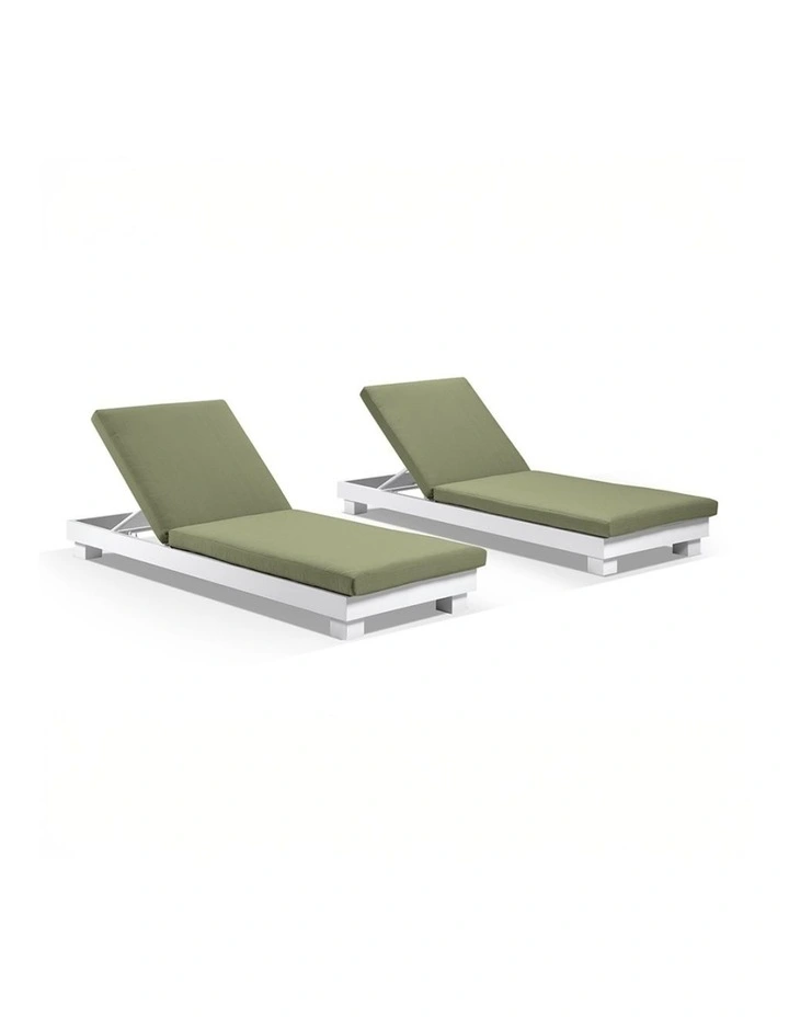Santorini Outdoor Aluminium Pool Sun Lounge Set White & La Palma Green Cushions image 1