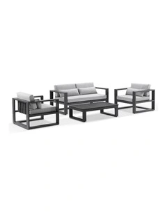 Santorini 2 1 1 Outdoor Aluminium Lounge Set Charcoal With Coffee Table & Olefin Light Grey Cushions