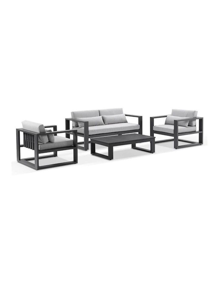 Santorini 2 1 1 Outdoor Aluminium Lounge Set Charcoal With Coffee Table & Olefin Light Grey Cushions image 1