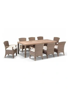 Sahara 8 Rectangle Teak top Dining Table Setting Brushed Wheat With Kai Chairs & Cream Cushions
