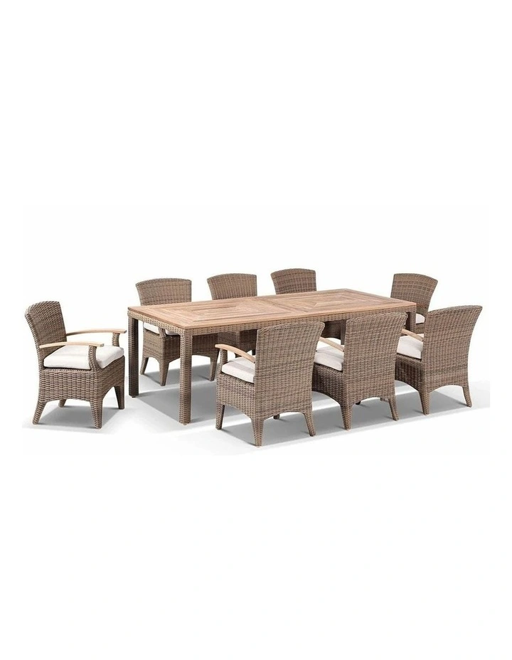 Sahara 8 Rectangle Teak top Dining Table Setting Brushed Wheat With Kai Chairs & Cream Cushions image 1