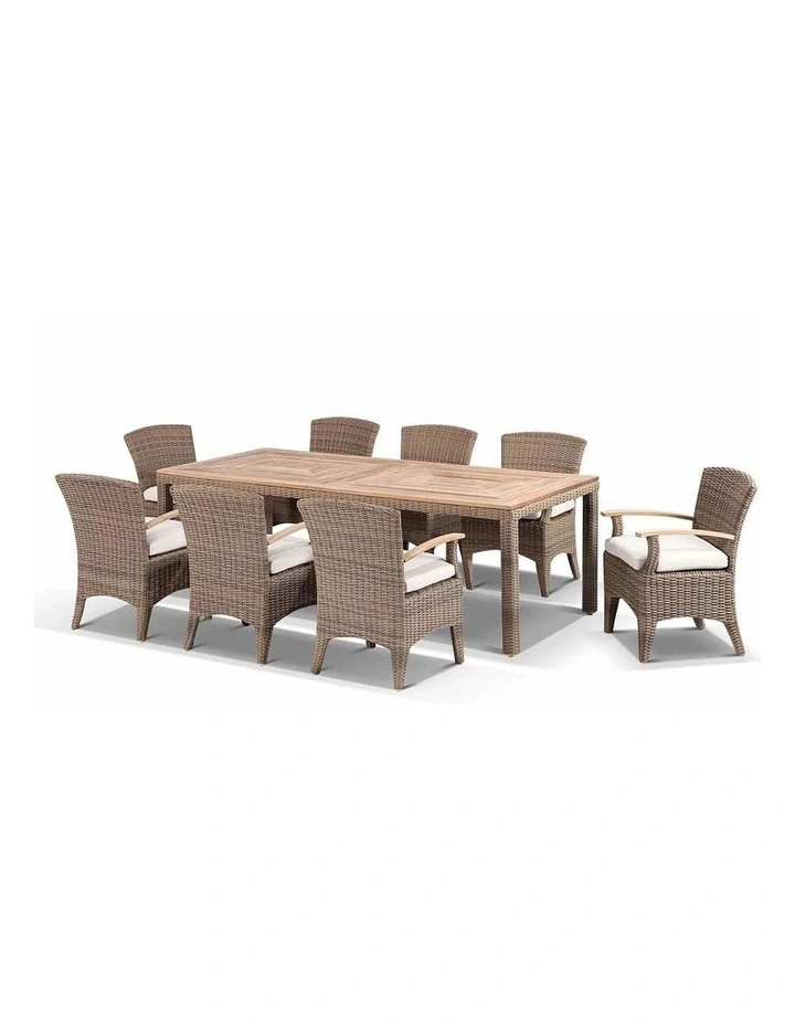 Sahara 8 Rectangle Teak top Dining Table Setting Brushed Wheat With Kai Chairs & Cream Cushions image 2