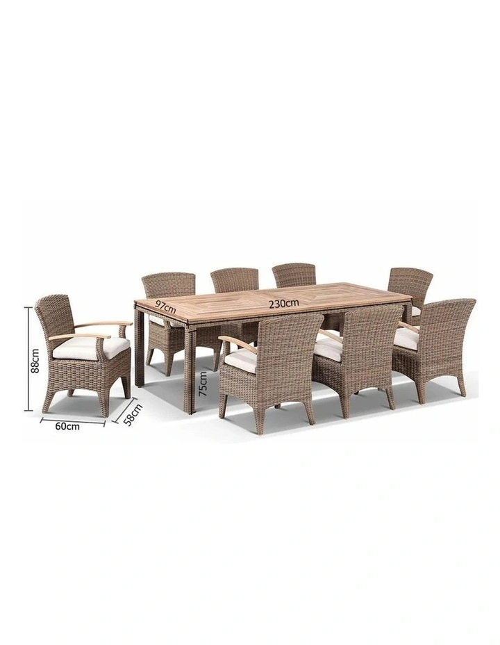 Sahara 8 Rectangle Teak top Dining Table Setting Brushed Wheat With Kai Chairs & Cream Cushions image 4
