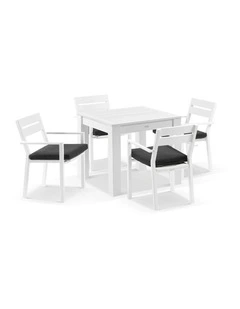 Santorini Outdoor 4 Seater Square Aluminium Dining Table White With Chairs & Denim Grey Cushions