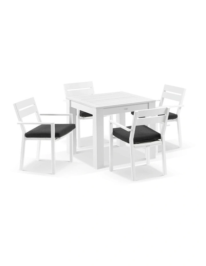 Santorini Outdoor 4 Seater Square Aluminium Dining Table White With Chairs & Denim Grey Cushions image 1