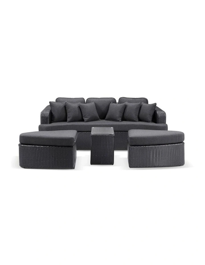 Noosa Outdoor Wicker 4 Piece Modular Garden Daybed Charcoal & Denim Grey Cushions image 2