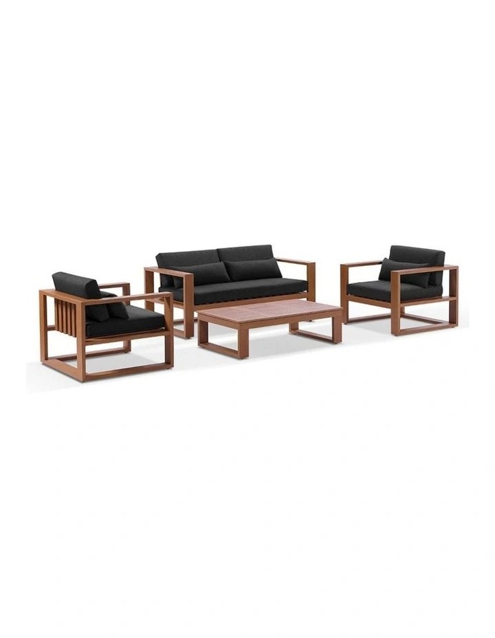 Santorini 2 1 1 Outdoor Aluminium Lounge Set Teak Look With Coffee Table & Denim Grey Cushions image 1