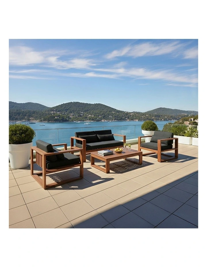 Santorini 2 1 1 Outdoor Aluminium Lounge Set Teak Look With Coffee Table & Denim Grey Cushions image 2