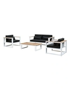 Balmoral 2 1 1 Seater Outdoor Aluminium and Teak Lounge Setting White & Denim Grey Cushions