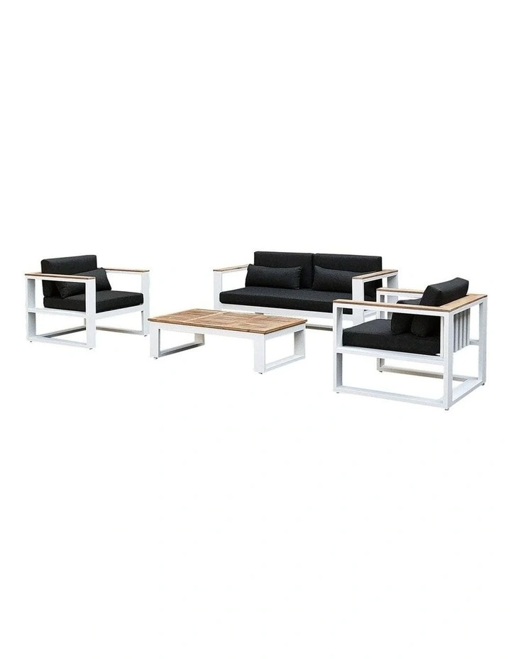 Balmoral 2 1 1 Seater Outdoor Aluminium and Teak Lounge Setting White & Denim Grey Cushions image 1