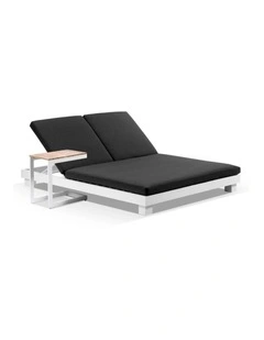 Santorini Aluminium Double Sun Lounge White With Side Table & Denim Grey Cushions
