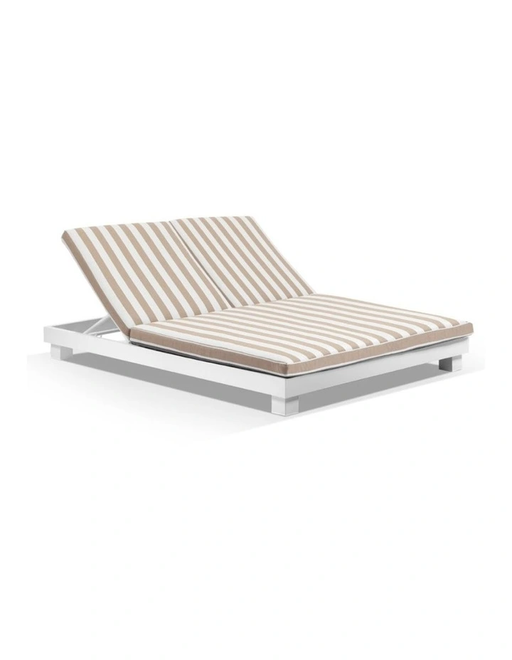 Santorini Aluminium Double Sun Lounge White & Sunbrella Maxim Heather Beige Cushions image 1