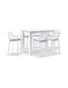 Santorini Outdoor Aluminium 1.5m Bar Table White With 6 stools & Textured Grey Cushions