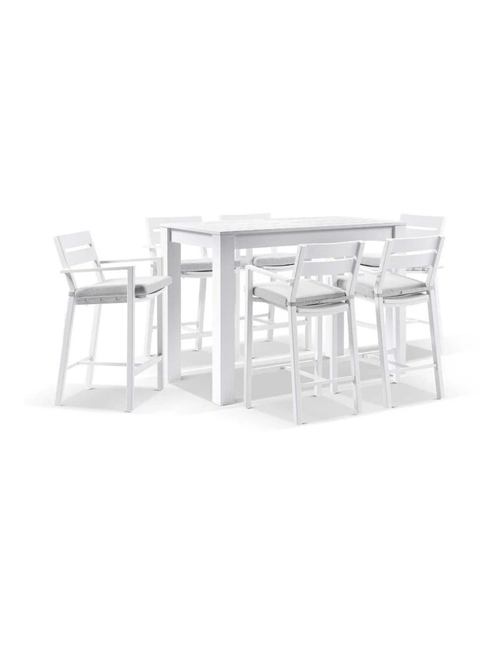 Santorini Outdoor Aluminium 1.5m Bar Table White With 6 stools & Textured Grey Cushions image 1