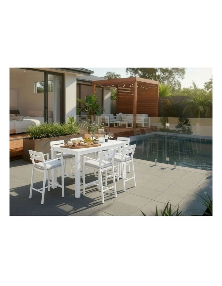 Santorini Outdoor Aluminium 1.5m Bar Table White With 6 stools & Textured Grey Cushions image 5