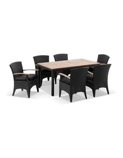 Sahara 6 Seater Teak Top Table Charcoal With Kai Outdoor Wicker Chairs & Denim Grey Cushions