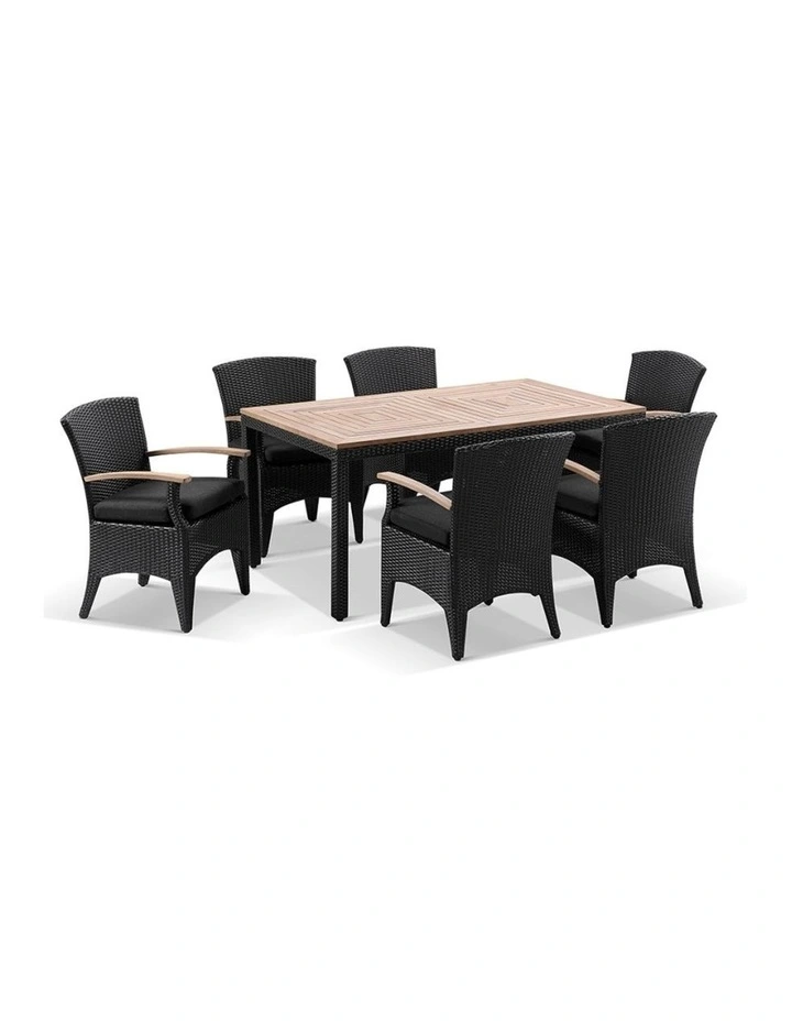 Sahara 6 Seater Teak Top Table Charcoal With Kai Outdoor Wicker Chairs & Denim Grey Cushions image 1
