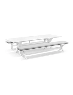 Tahitian 3m Outdoor Aluminium Dining Setting White With Bench Seats & Textured Olefin Grey Cushions