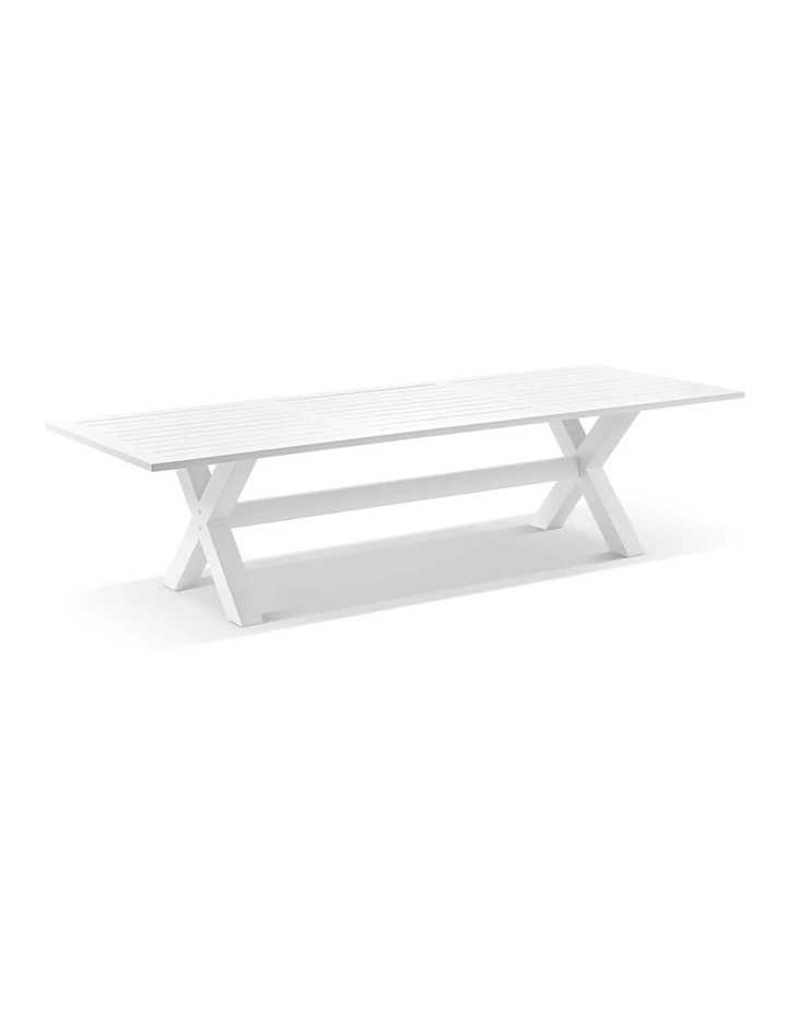 Tahitian 3m Outdoor Aluminium Dining Setting White With Bench Seats & Textured Olefin Grey Cushions image 2